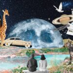 Surreal,Collage,With,Giraffe,,Zebra,,Butterflies,,And,A,Vintage,Car